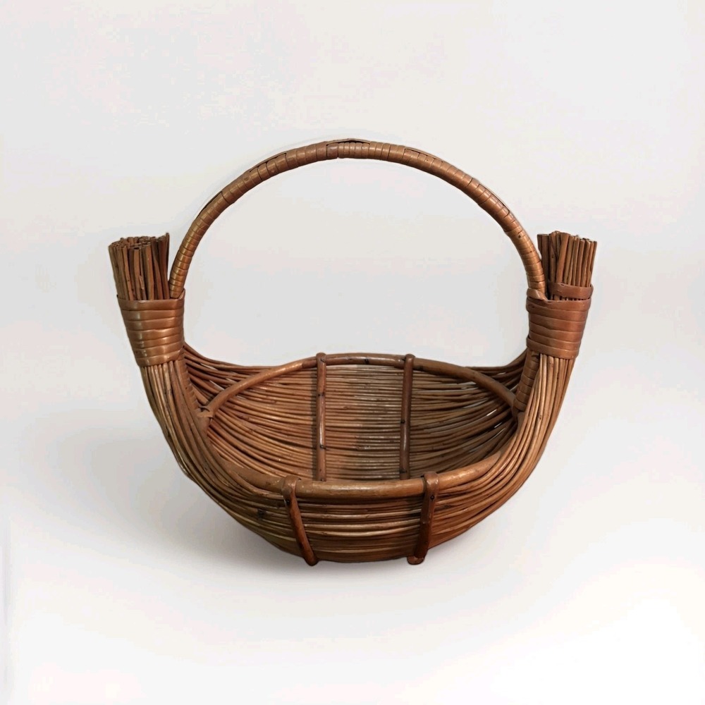 Vintage MCM Handmade Bamboo and Rattan Boat Shaped Fruit Basket With Handle